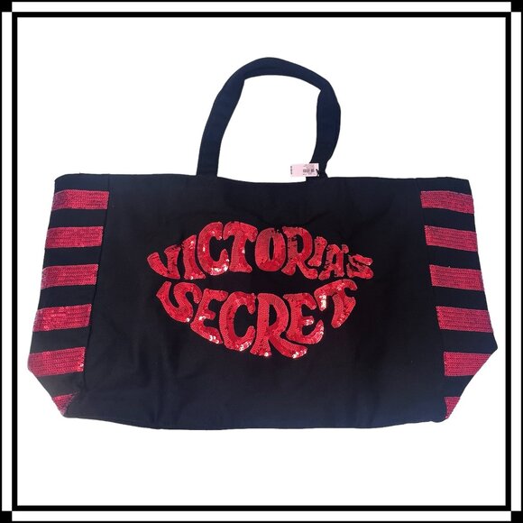 VICTORIA'S SECRET Sequin Black and Red Canvas Tote Bag - Picture 1 of 8